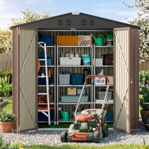 Lofka 6 x 4 FT Outdoor Storage Shed, Tools Storage Garden Shed with Lockable Door for Outsides, Brown