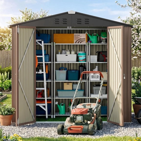 Lofka 6 x 4 FT Outdoor Storage Shed, Tools Storage Garden Shed with Lockable Door for Outsides, Brown