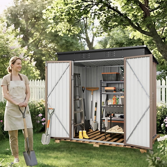 Lofka 6 x 4 FT Outdoor Storage Shed, Tools Storage Garden Shed with Lockable Door for Outsides, Brown