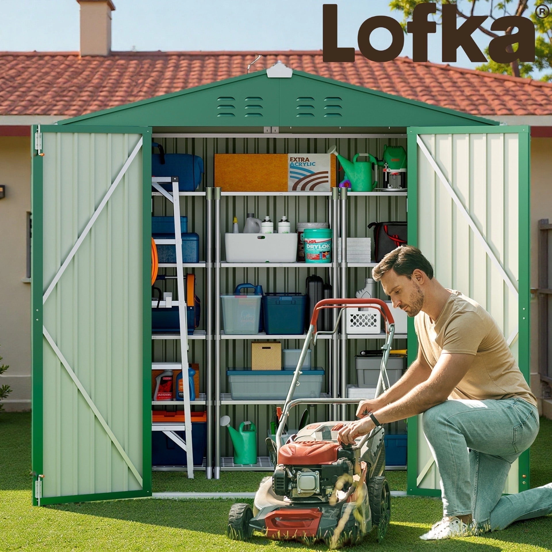 Lofka 6' x 4' FT Outdoor Storage Shed, Outside Metal Tool Shed with Lockable Doors ,Green