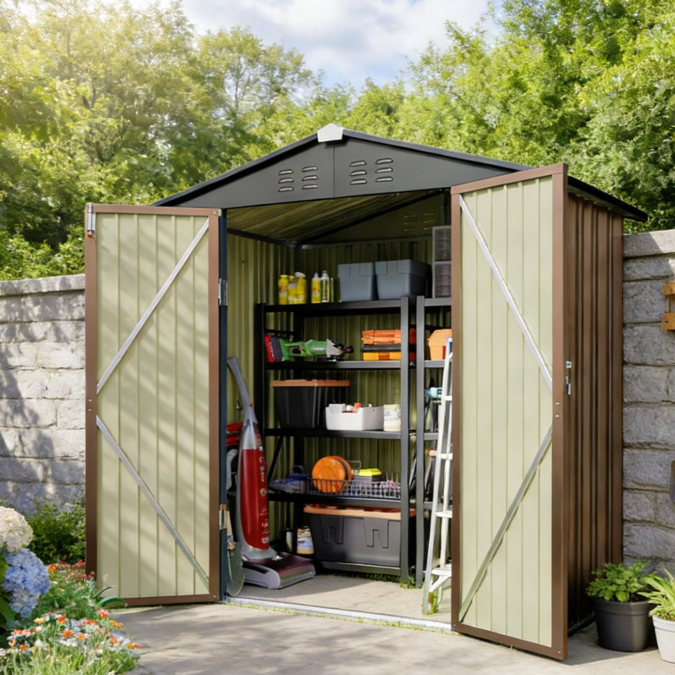 Shed 6 x 4 FT, Lofka Galvanized Metal Outdoor Storage Shed with Double Lockable Doors, Outdoor Shed for Backyard Patio Lawn, Brown