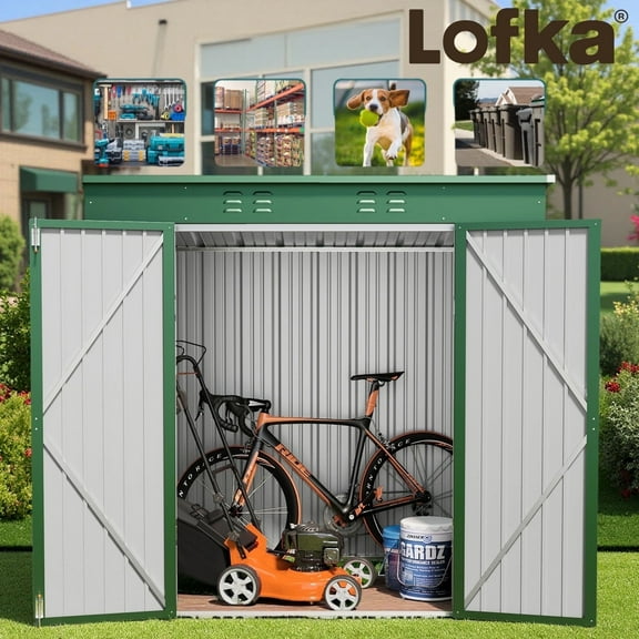 Lofka 6' x 4' Outdoor Storage Shed, Metal Garden Tool Storage Shed with Double Lockable Doors, Green