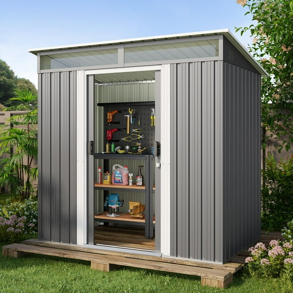 Lofka 6' x 4' Outdoor Storage Shed with Sliding Doors, Tool Shed with Transparent Panel Windows, Outdoor Storage Clearance for Backyard| Patio| Garden, Grey(Cobertizo de almacenamiento al aire libre)