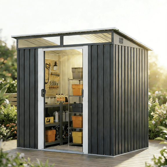 Lofka 6 x 4 FT Outdoor Metal Storage Shed with Lockable Sliding Door for Backyard, Garden, Dark Gray