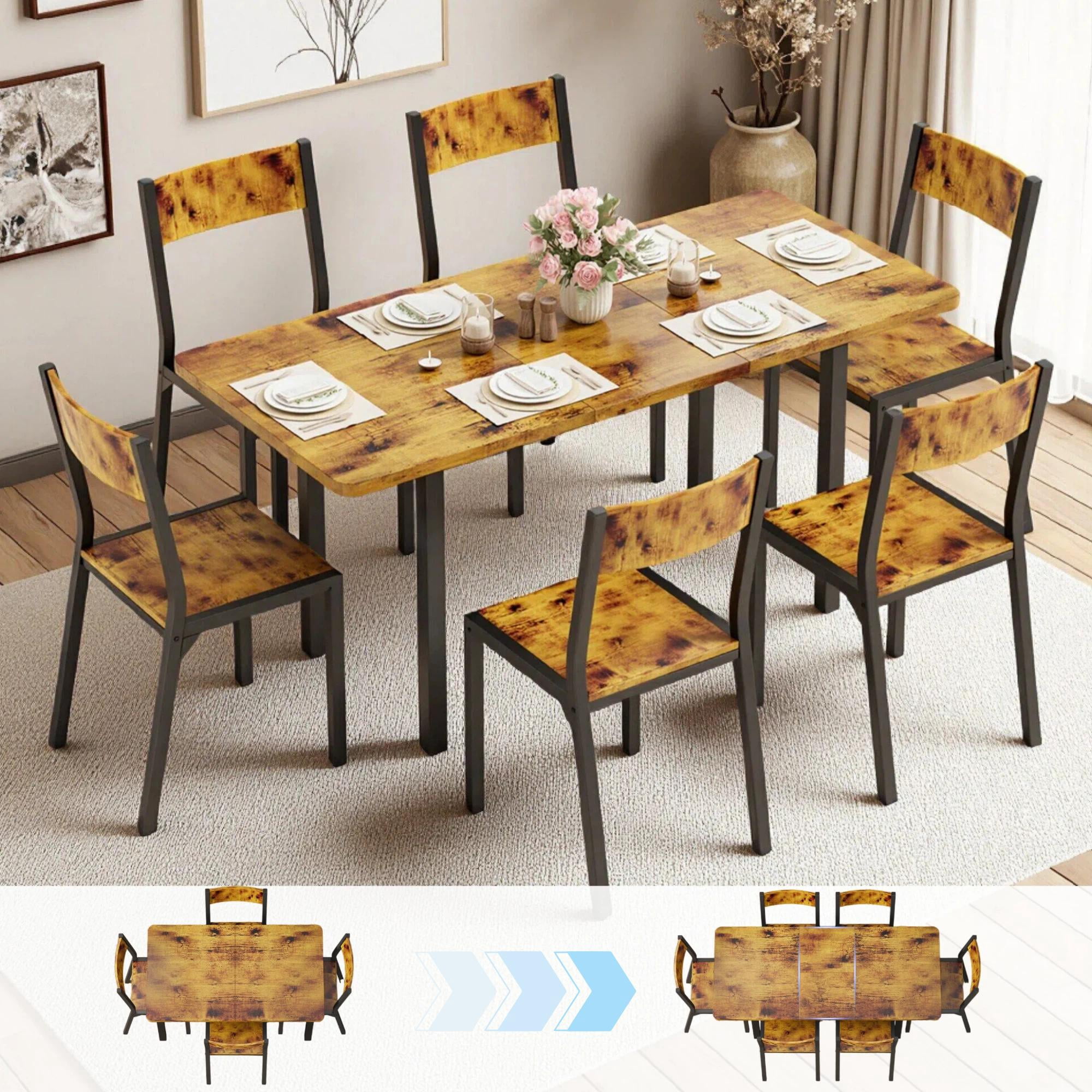Dining Table Set for 6, Lofka 63"  Extendable Kitchen Table Set with 6 Chairs, Juego De Comedor 6 Sillas Table Set, Retro Brown
