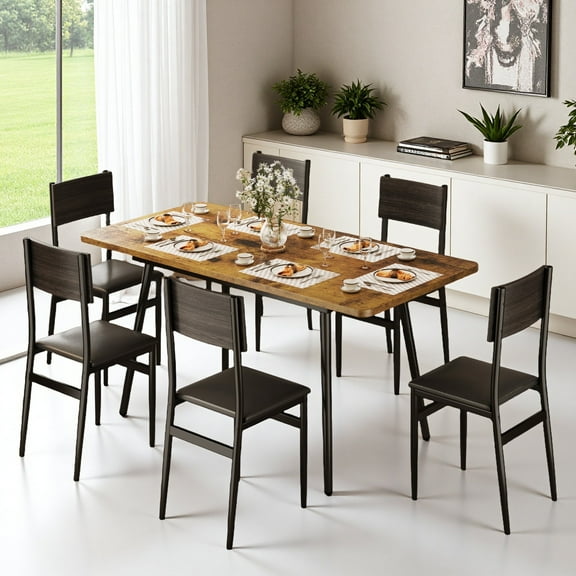 Dining Table Set for 6,Lofka 63" Extendable Kitchen Table Set with 6 Back Chairs, Juego De Comedor 6 Sillas Table Set for Kitchen Furniture,Dining room,Apartment,Villa