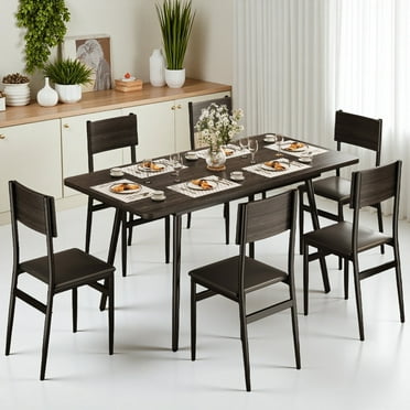 Lofka 63” Kitchen Table and Chairs Set for 6, Lofka Extendable Dining Table Sets with 6 PU Leather Seating Chairs, Black