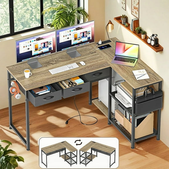 Computer Desk, Lofka 53" L Shaped Gaming Desk with Drawers,Corner Desk with Power Outlets & 2 * Storage Shelves, CPU Stand for Home Office Bedroom, Gray Desk