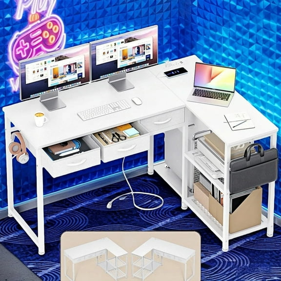 L Shaped Desk, Lofka 53"Gaming Desk Computer Desk Corner Desk with Power Outlets & Storage Shelves, Drawers,  CPU Stand  for Home Office, White