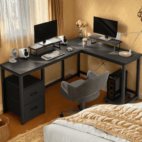 Lofka 66" L-Shaped Gaming Desk with Power Outlets, Home Office Computer Desk with Drawers - Black