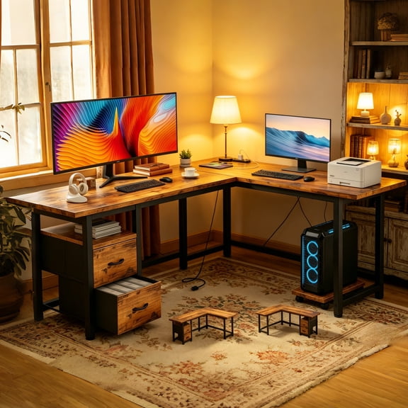Lofka 66" L Shaped Desk with Drawers for Home Office, Computer Desk with Power Outlet, Gaming Desk Retro Brown