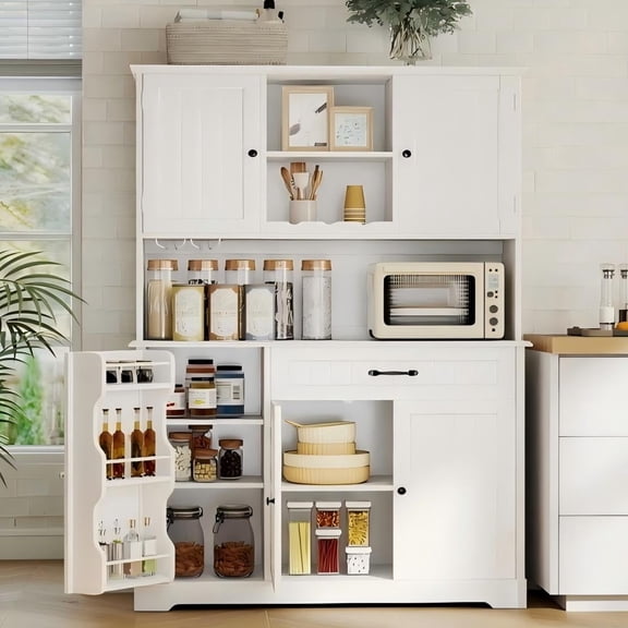 Lofka 67" Tall Pantry Cabinet for Kitchen Storage - 15 Shelves, 5 Doors, Microwave Shelf & Drawer, Freestanding Organizer Can Be Used as Coffee Bar Cabinet