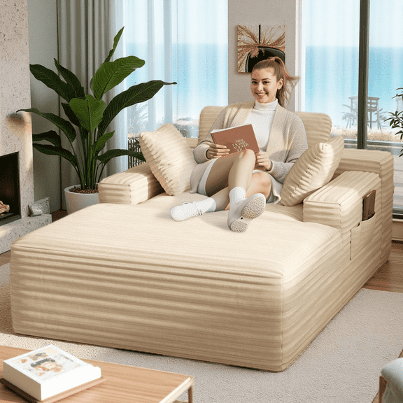 Lofka 47'' Oversized Chaise Lounge Chair Indoor, Upholstered Sofa Bed, No Assembly Required, Couches for Living Room, Beige