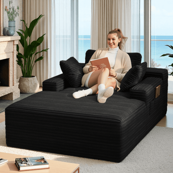 Lofka 47'' Oversized Chaise Lounge Chair Indoor, No Assembly Required, Sleeper Couch Fluffy Plush Corduroy Cloud Sofas Couches for Living Room, Black