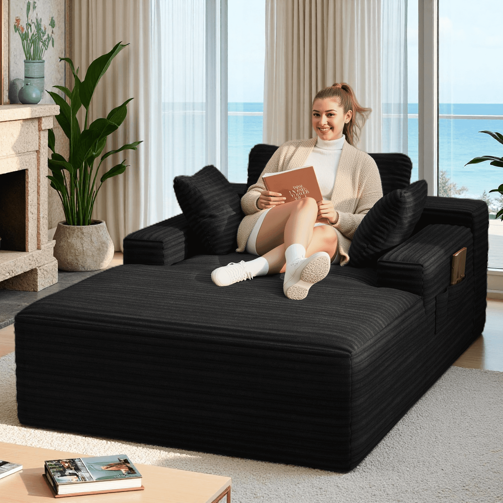 Lofka 47'' Oversized Chaise Lounge Chair Indoor, No Assembly Required, Sleeper Couch Fluffy Plush Corduroy Cloud Sofas Couches for Living Room, Black