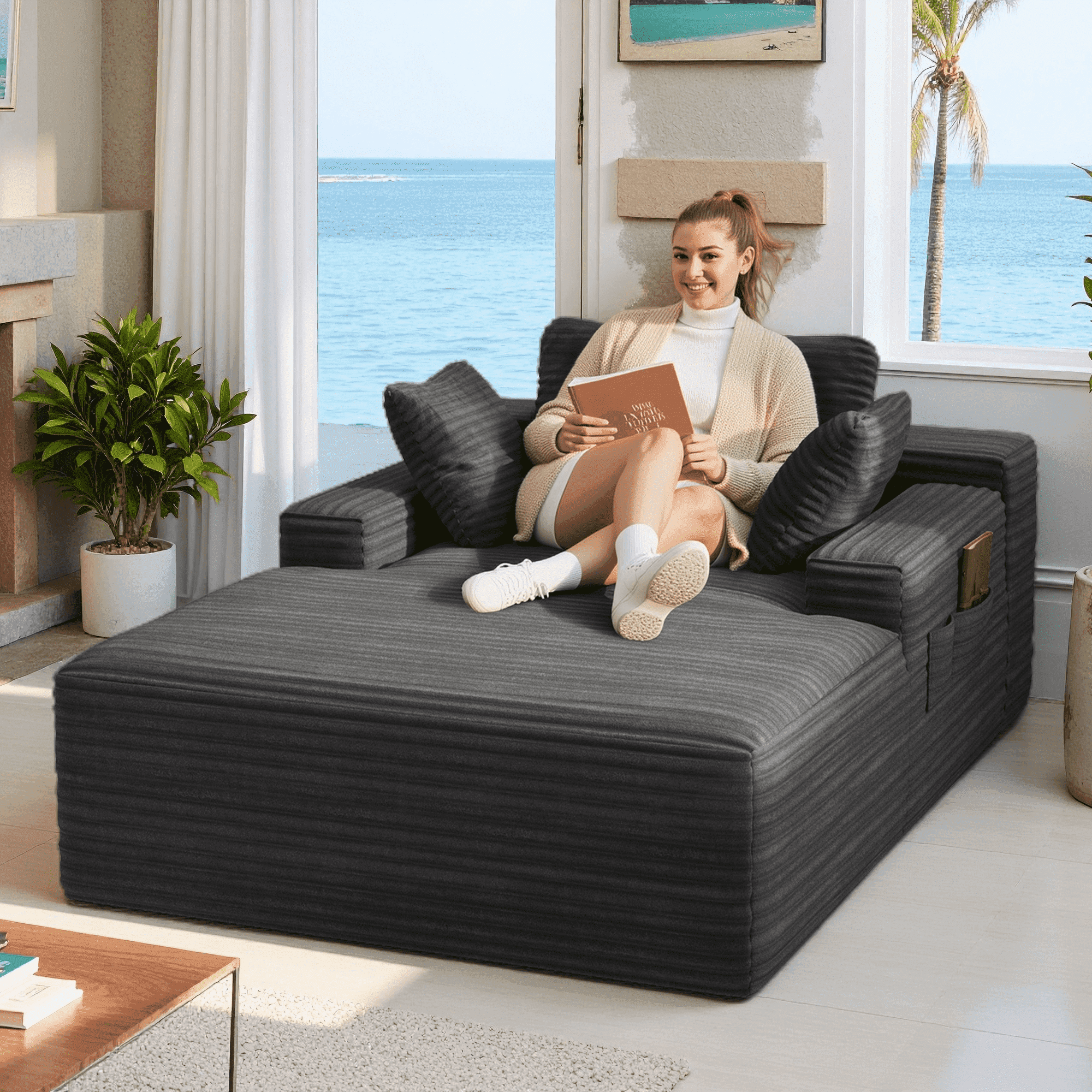 Lofka 47'' Oversized Chaise Lounge Chair Indoor, No Assembly Required, Sleeper Couch Fluffy Plush Corduroy Cloud Sofas Couches for Living Room, Gray