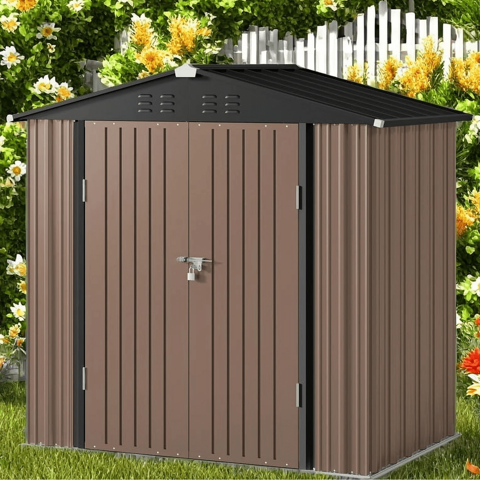 Brown 6ft x 4ft Metal Garden Shed with Windows