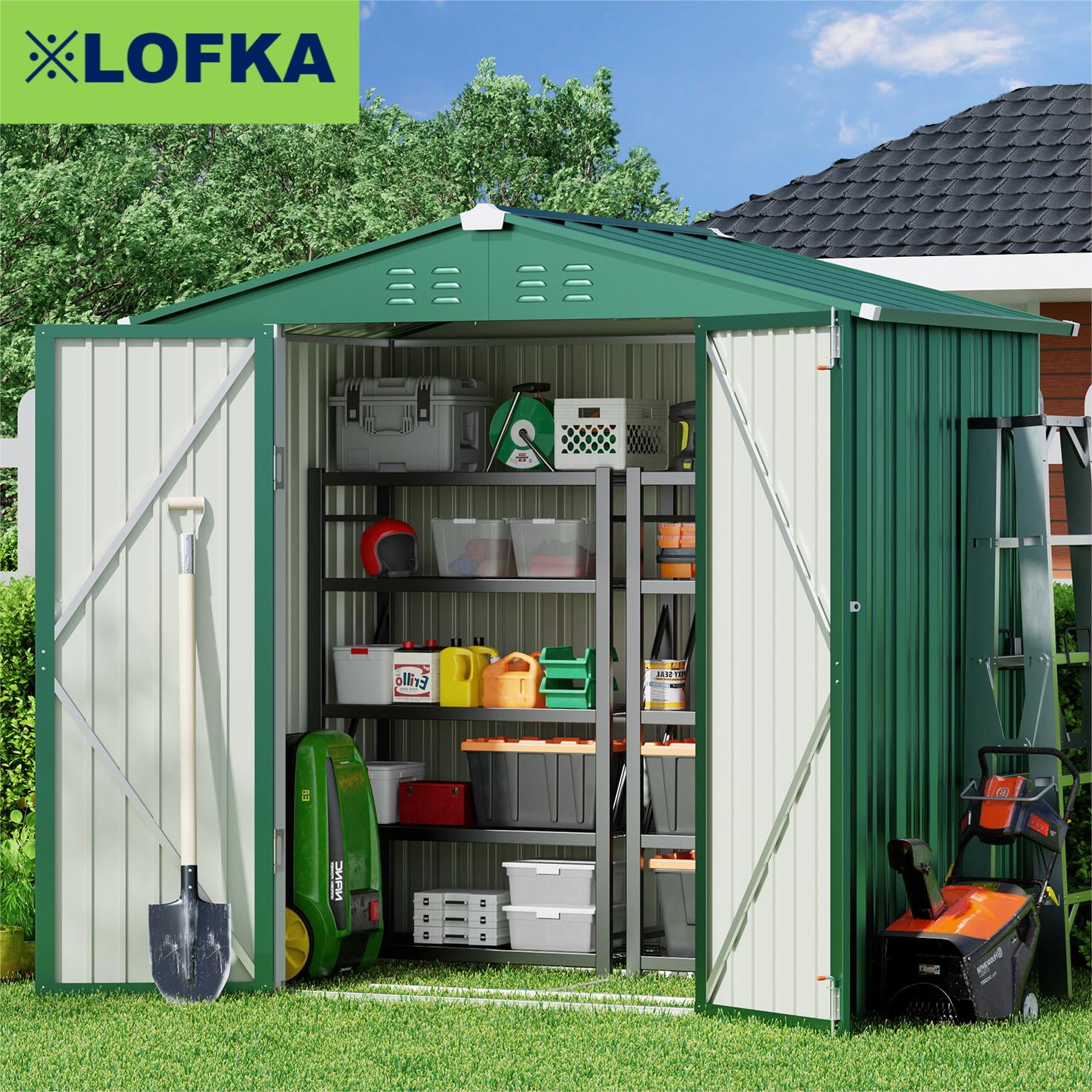 Lofka 6ft x 4ft Outdoor Storage Shed, Metal Garden Shed, Green
