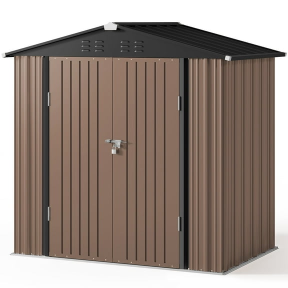 6x4 FT Storage Shed, Tool Shed with Sloping Roof and Lockable Door with Doors, Brown