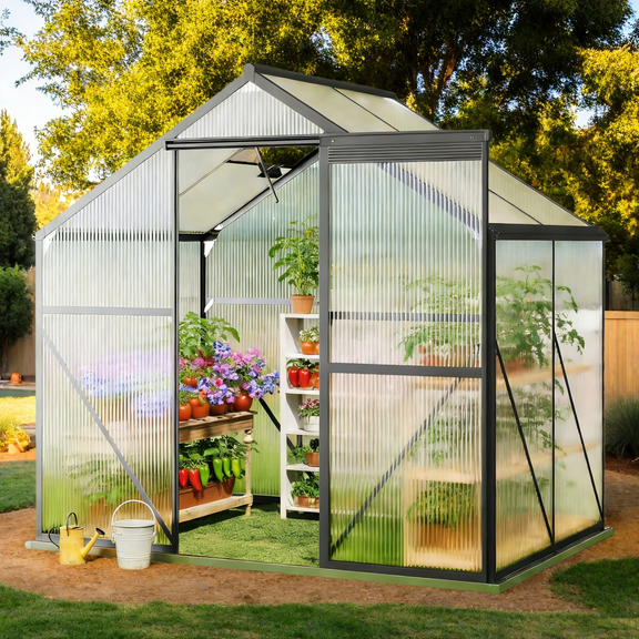 Lofka 6x4 FT Walk-in Greenhouse for Outdoors, Polycarbonate Panels with Aluminum Frame | Sliding Door | Rain Gutter & Roof Vent