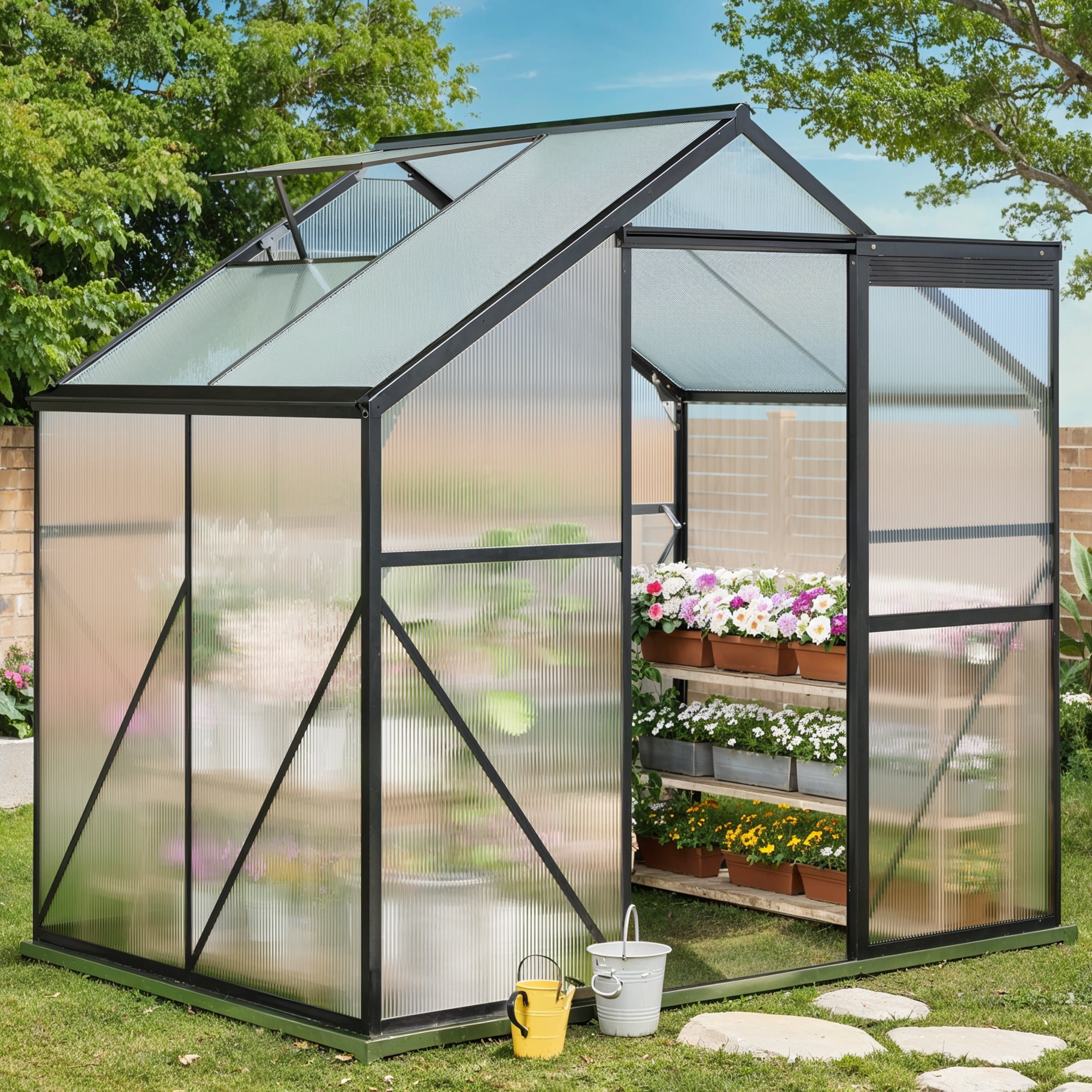 Lofka 6x4 FT Walk-in Greenhouse,Outdoor Storage shed, Polycarbonate  Greenhouse for Outside with Adjustable Roof Vents and Sliding Barn Door,  for Backyard Gardening - Walmart.com, image size:2000x2000