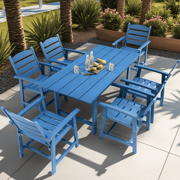 Lofka 7-Piece Outdoor Patio Dining Set ,Patio Conversation Set with 6 Wooden Chairs & Table,Umbrella Hol,Blue