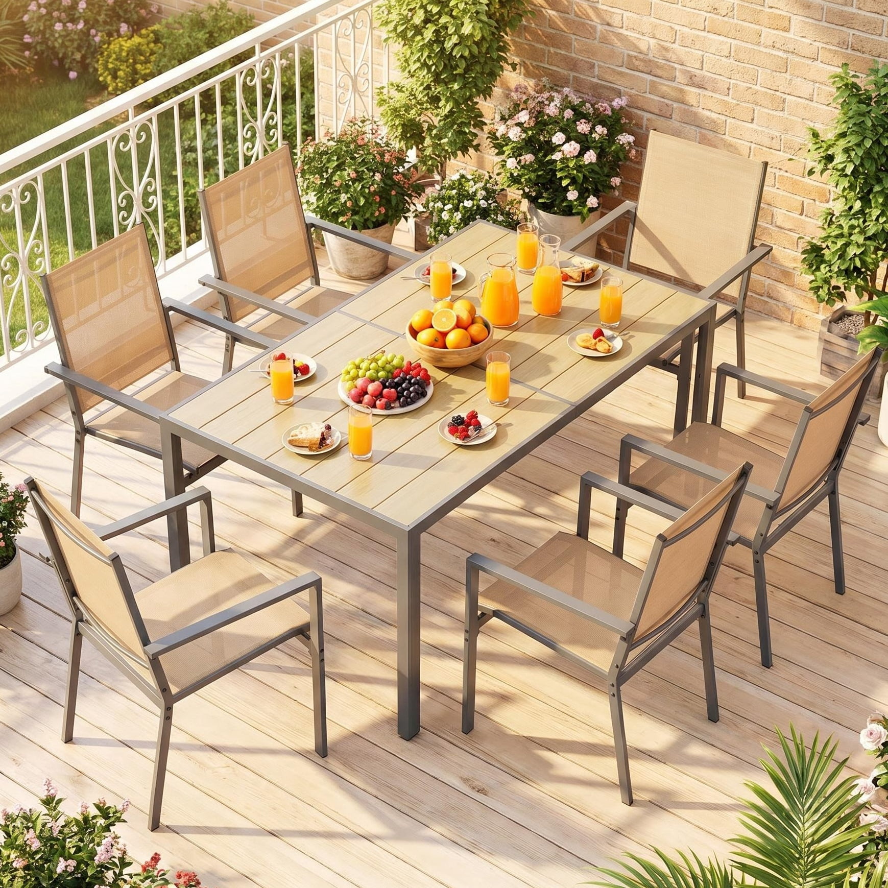 Lofka 7-Piece Outdoor Patio Dining Set ,Patio Conversation Set with 6 Textilene Chairs & 1 Metal Steel Table,Brown