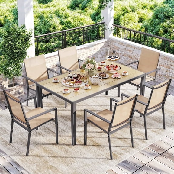 Lofka 7-Piece Outdoor Patio Dining Set ,Patio Conversation Set with 6 Textilene Chairs & 1 Metal Steel Table,Brown