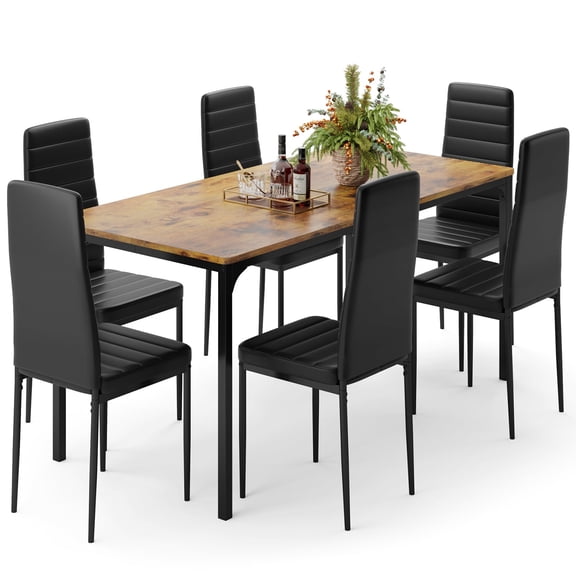 Lofka 7 Piece Wooden Kitchen Table and Chairs Set with 6 Upholstered PU Leather Chairs for Dining Room, Living Room, Apartment, Small Space,Brown