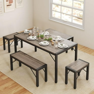 Lofka 7 Pieces Dining Table Set for 6 Modern Kitchen Table with Benches for Living Room, Gray