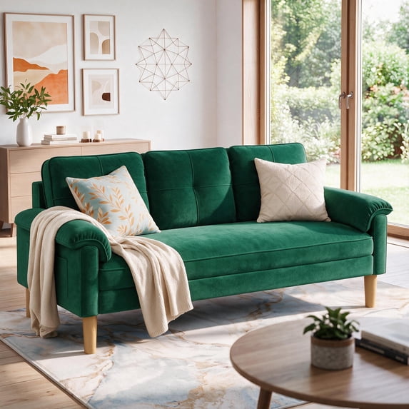 Lofka 70" Living Room Sofa, Cozy Velvet Upholstered Couch, 3-Seater Sofa, Green Sofa