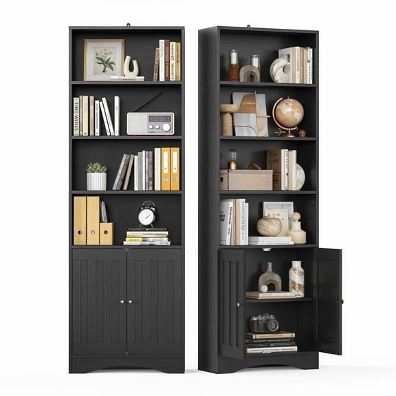 Lofka 71" 6-Shelf Tall Bookcase and Bookshelf with 2 Doors, Black