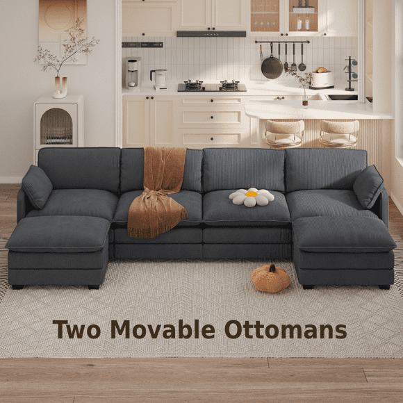 Sofa, Lofka 105" Free Assembly L-Shaped Sectional with Pet Friendly Corduroy Fabric, Black for Living Room/Apartment