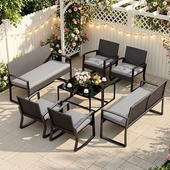 Lofka 8-Person Patio Furniture Set, All-Weather PE Rattan, Tool-Free Assembly, Family-Safe, Removable Washable Cushions for Backyard Pool Garden
