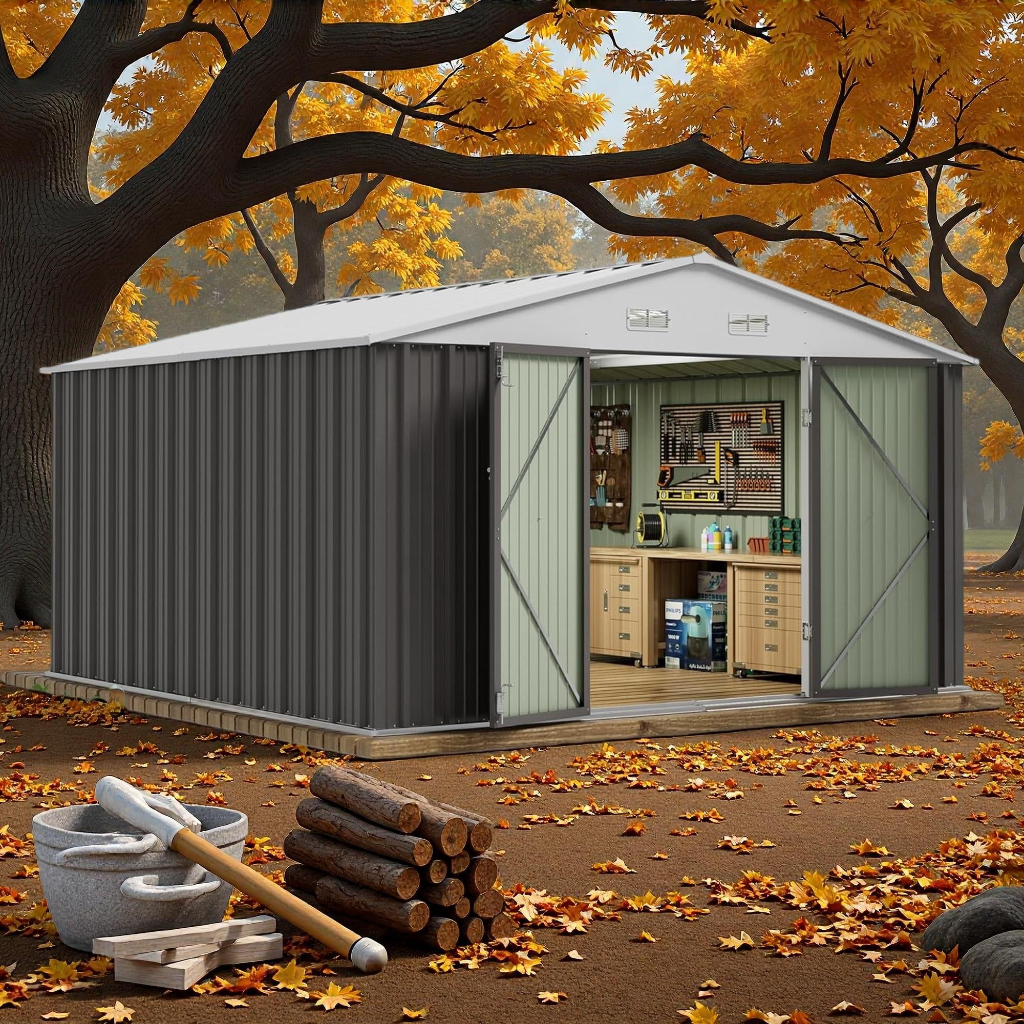 Lofka 10' x 10' ft. Outdoor Storage Shed with Sliding Doors, Metal Garden Shed with Transparent Panel Windows for Storing Lawn Mower, Electric Drill, Brown