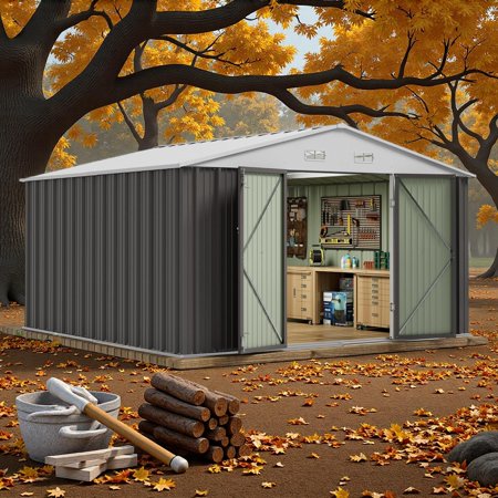 Lofka 10' x 10' ft. Outdoor Storage Shed with Sliding Doors, Metal Garden Shed with Transparent Panel Windows for Storing Lawn Mower, Electric Drill, Brown