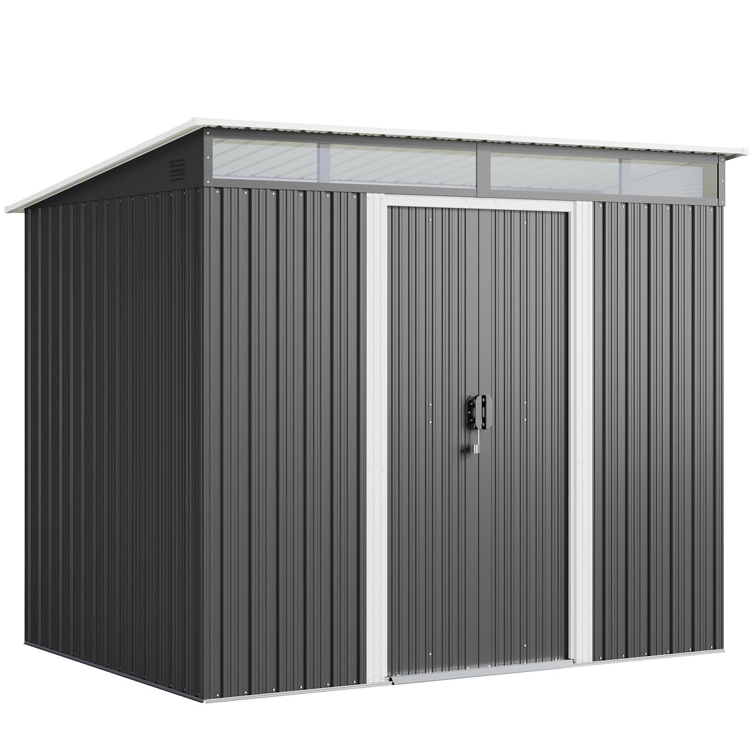 Gray 8'x6' Metal Outdoor Storage Shed with Windows and Sliding Door