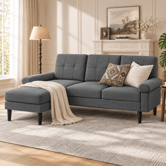 Lofka 80" Gray Linen Sectional Sofa with Left-Side Chaise, 3 Seat L-Shaped Couch, living room sofa with Deep Seats
