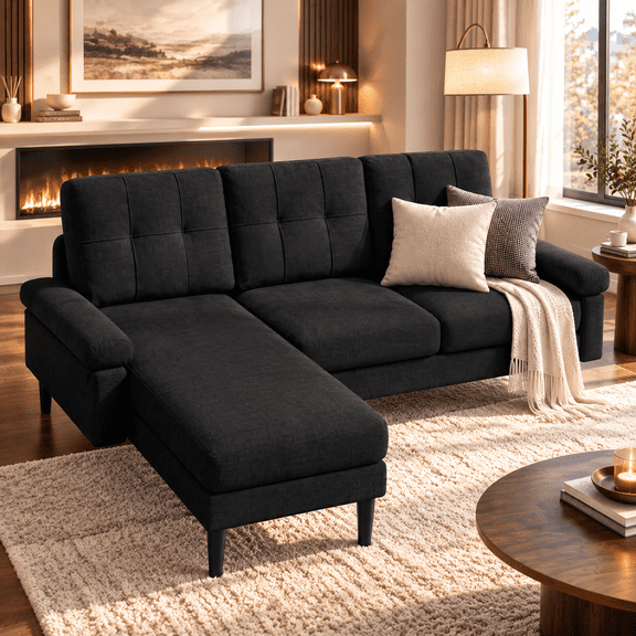 Lofka 80" L-Shaped Sectional Sofa with Chaise, 3-Seat Linen Upholstered Couch with 7.8" High Legs, Black Sofa