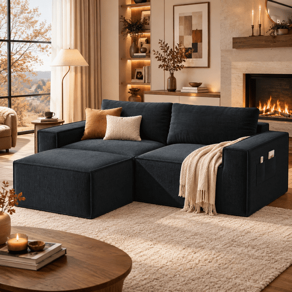 Lofka 80" Sectional Loveseat Sofa, Corduroy Couch for Living Room, Cloud Sofas with movable ottoman, No Assembly Required, Black