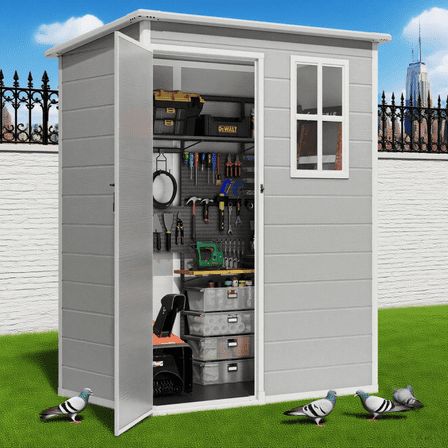 5' x 3' Outdoor Storage Shed, Lofka Resin Outdoor Storage Cabinet with Double Lockable Doors, Waterproof Tool Shed, Gray