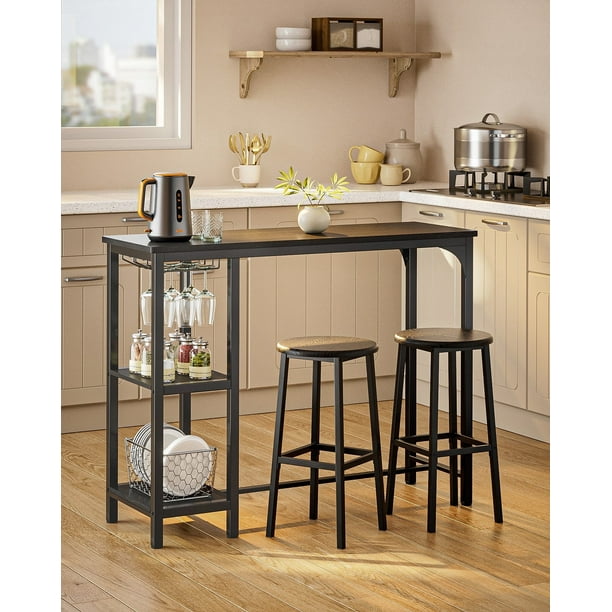 Lofka Bar Table Set for 2 Pub Dining Table Set for Dining room Kitchen Home Bar with 2 Stools 250lbs Black