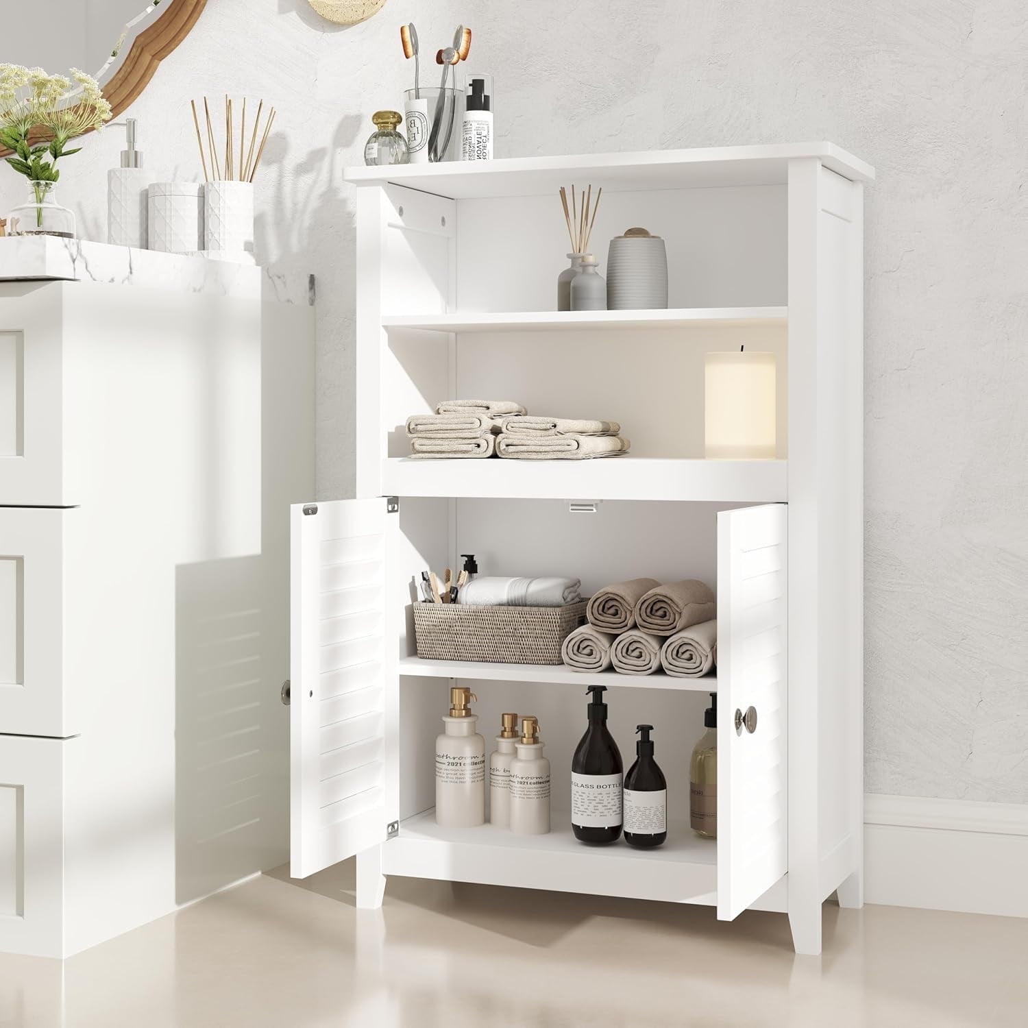 Lofka Bathroom Floor Cabinet , Bathroom Storage Cabinet with 2  Shutter Doors for Bathroom, White