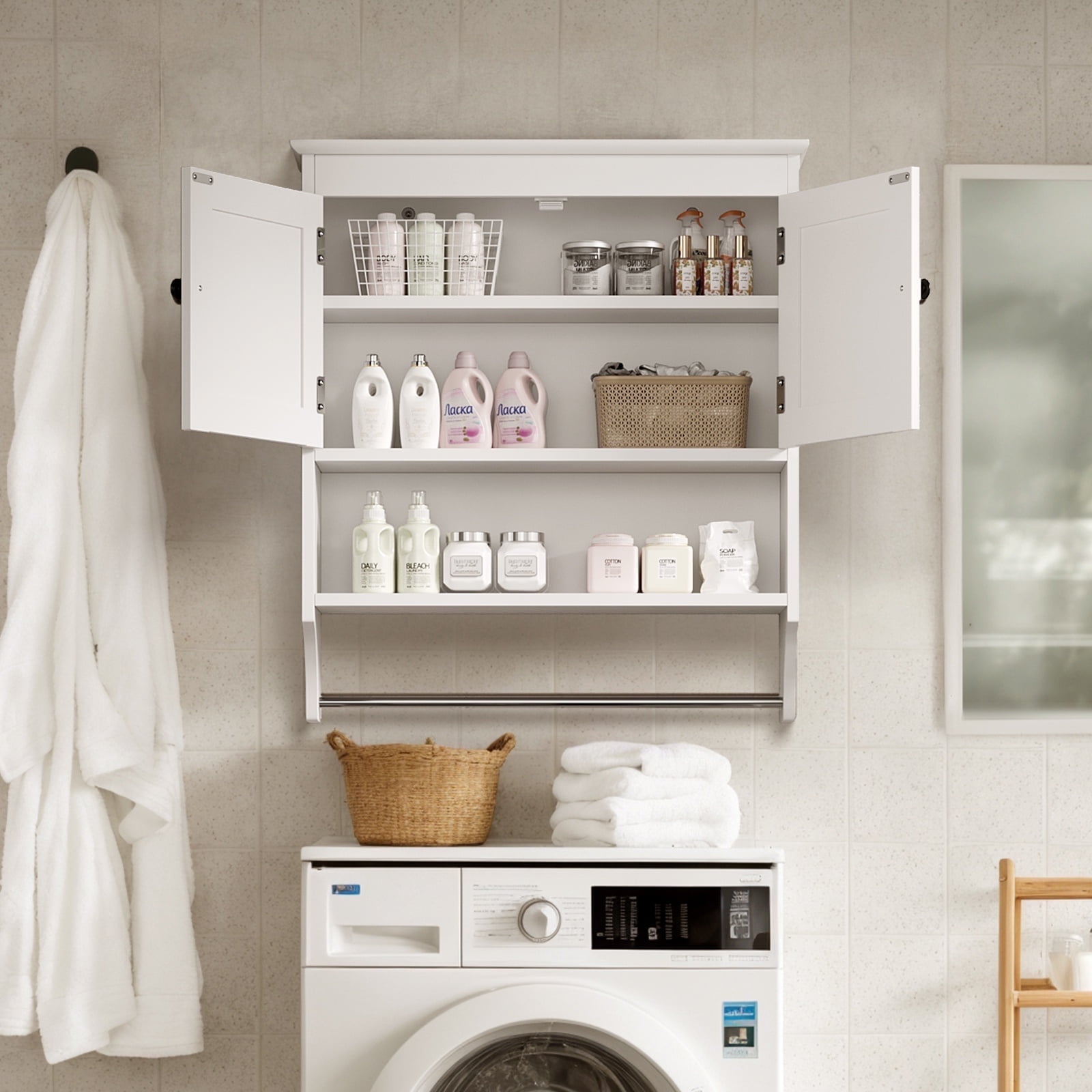 Lofka Bathroom Wall Cabinet, Over the Toilet Storage Cabinet with Double Doors, 1 Adjustable Shelf, 1 Towel Bar, White