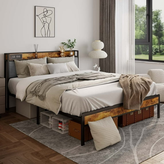 Lofka Bed Frame with Upholstered Storage Headboard, Metal King Bed Frame, Light Gray