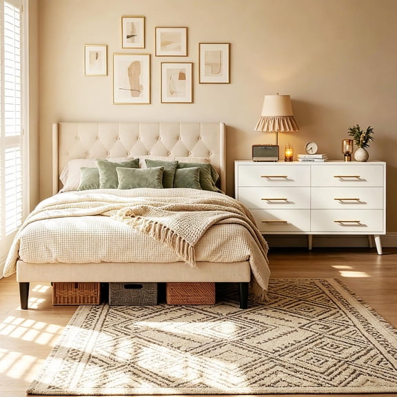 Lofka Bedroom Furniture Set, Beige Queen Size Bed Frame with Upholstered Platform & White 6 Drawer Dresser for Small Space, Bedroom, Studio