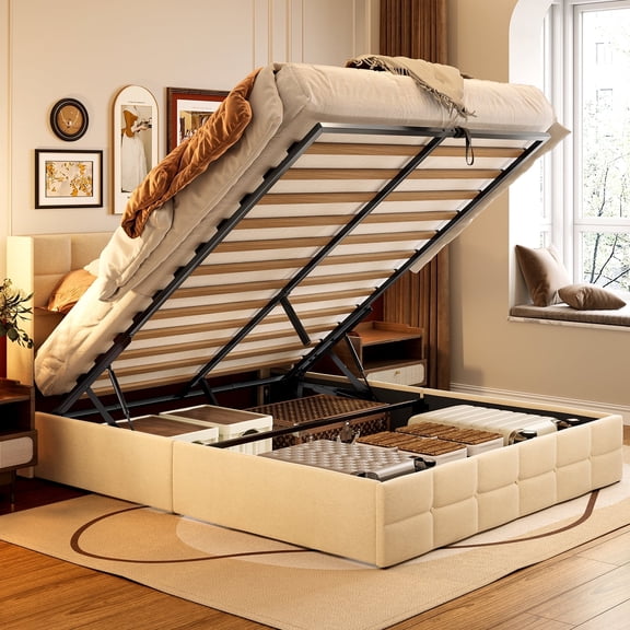 Lofka Beige Queen Bed Frame with Wingback Headboard and Lift Up Storage Bed Frame