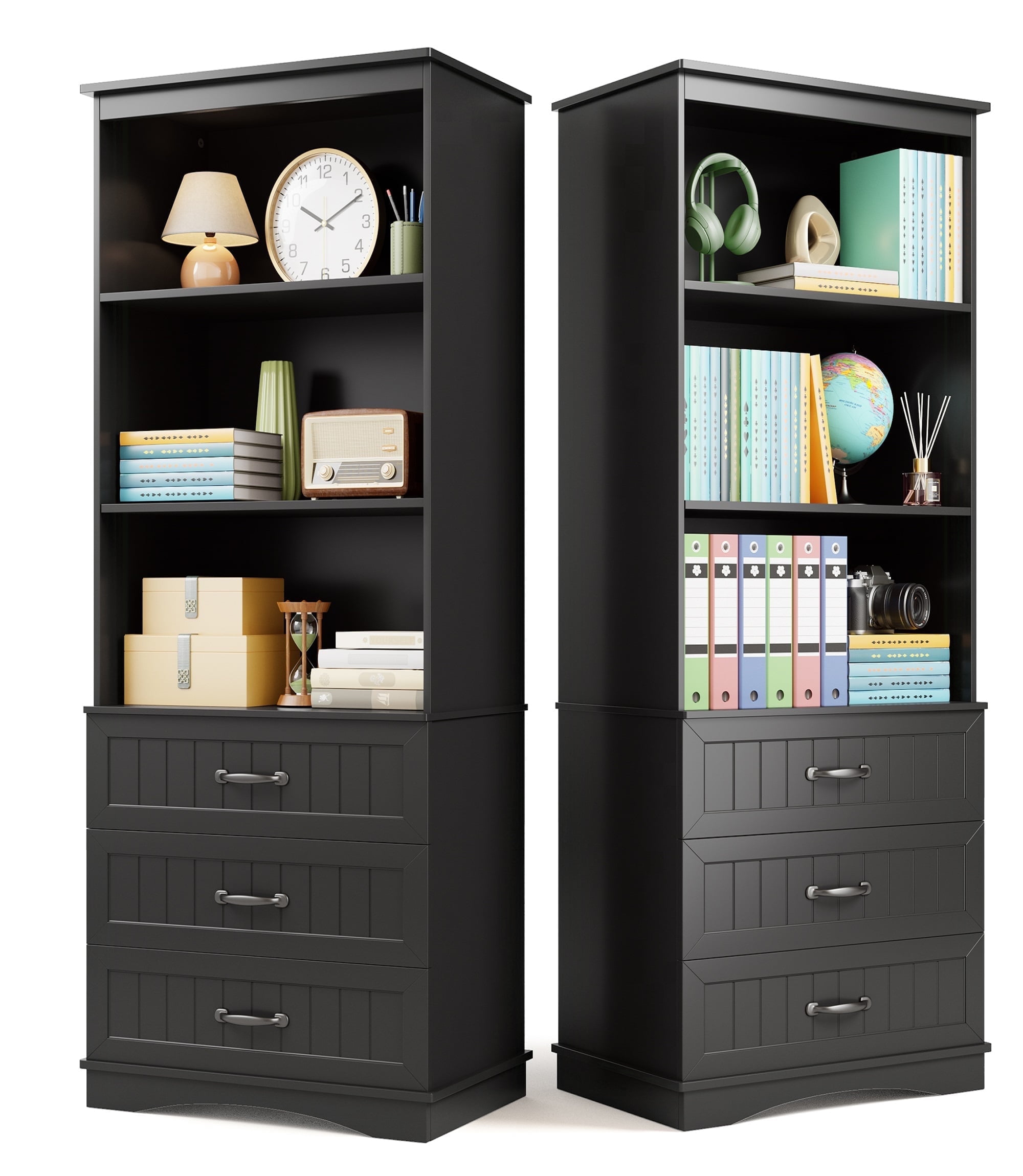 69.7" Tall Bookshelf, Lofka Bookcase with 3 Large Drawers, 3 Tier Storage bookshelf for Home Office, Living Room, Black
