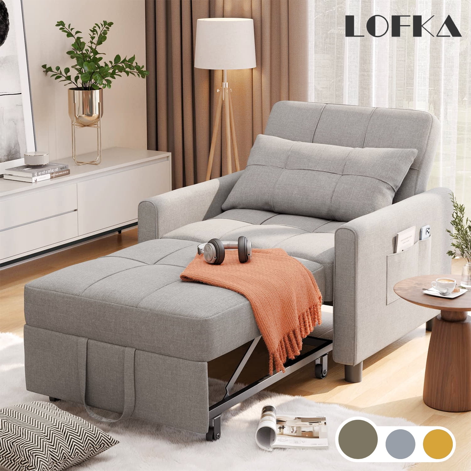 Aiho Convertible Sleeper Sofa Chair Bed with Pillow and Pocket, 3-in-1  Single Convertible, Adjustable, Multi-Functional with Modern Linen Fabric  for