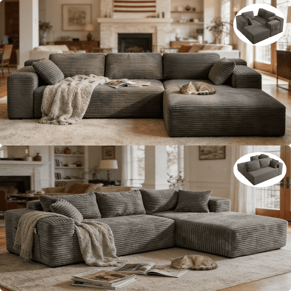 Sofa, Lofka 105" Free Assembly L-Shaped Sectional with Pet Friendly Corduroy Fabric, Gray Right Chaise for Living Room/Apartment